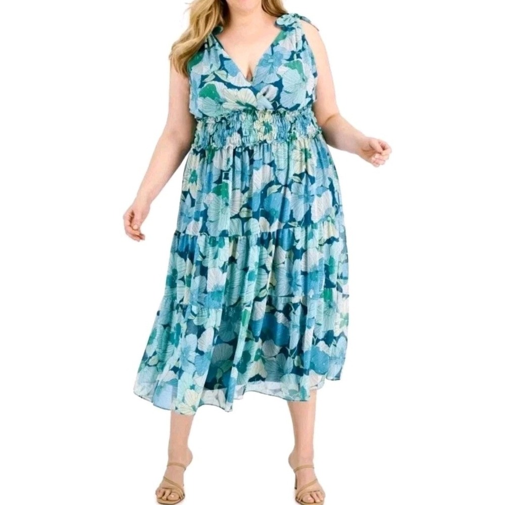 Taylor Plus Size Metallic Floral Print Smocked Waist Midi Dress Size 24W